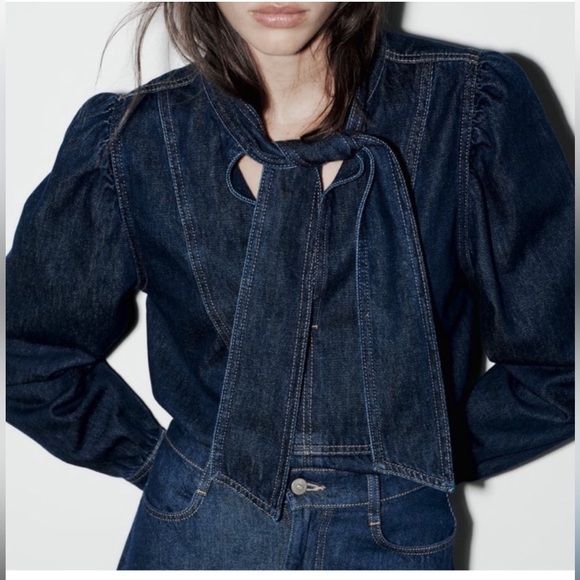 Zara Tops - Zara Navy Denim Tie-Neck Blouse, size S, new